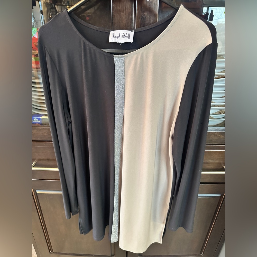 Joseph Ribkoff Black, Cream and Silver Panel Long-Sleeve Top